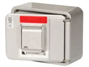 Heavy-duty metal manual receipt or ticket printer with a built-in paper cutter and red safety reflector.