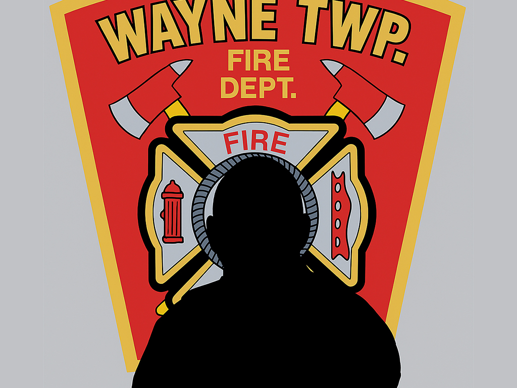 Silhouette of a person in front of a red and yellow Wayne Township Fire Department logo featuring crossed axes, a hydrant, and the word "FIRE.